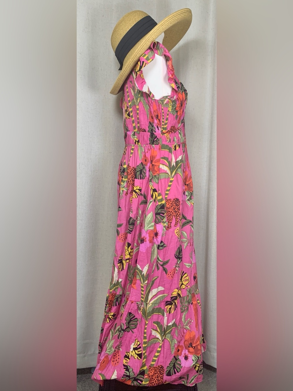 Easel Pink Tropical Jungle Print Maxi Dress | Boho Flutter Sleeve | Medium - Picture 3 of 7